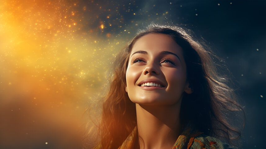 Smiling woman with universal sparkles around her head symbolizing how Synchronicity and the Law of Attraction Enhance Extrasensory Abilities Smiling woman with universal sparkles around her head symbolizing how Synchronicity and the Law of Attraction Enhance Extrasensory Abilities