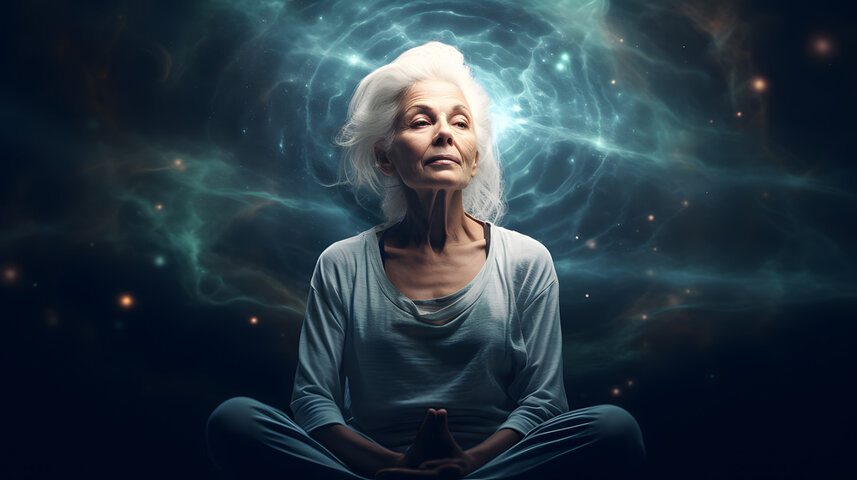 Old woman meditating, her mind connected with the whole Universe, symbolizing the power of the Superconscious mind. Old woman meditating, her mind connected with the whole Universe, symbolizing the power of the Superconscious mind.
