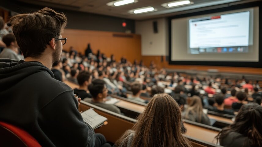 University students in a crowded lecture hall—highlighting the disconnect between traditional psychology education and the real experiences of autistic thinkers. University students in a crowded lecture hall—highlighting the disconnect between traditional psychology education and the real experiences of autistic thinkers.