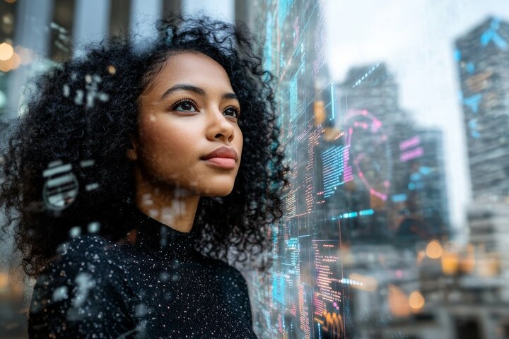 Confident young woman gazing through digital interface—symbolizing the awakening of systemizing intelligence after emotional clearing and cognitive empowerment. Confident young woman gazing through digital interface—symbolizing the awakening of systemizing intelligence after emotional clearing and cognitive empowerment.