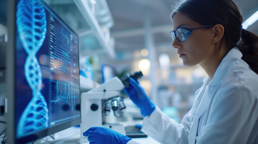 Female scientist examining DNA data on a screen in a laboratory, highlighting how genetic research is often used to imply causes for autism without conclusive proof. Female scientist examining DNA data on a screen in a laboratory, highlighting how genetic research is often used to imply causes for autism without conclusive proof.