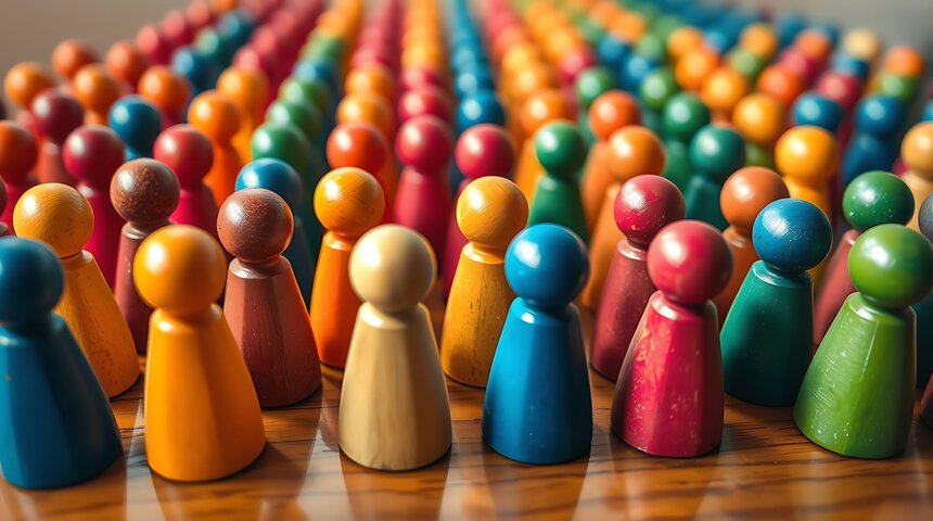 Rows of colorful wooden figures representing the illusion of an autism spectrum, used to question the validity of severe autism as a fixed diagnostic category. Rows of colorful wooden figures representing the illusion of an autism spectrum, used to question the validity of severe autism as a fixed diagnostic category.