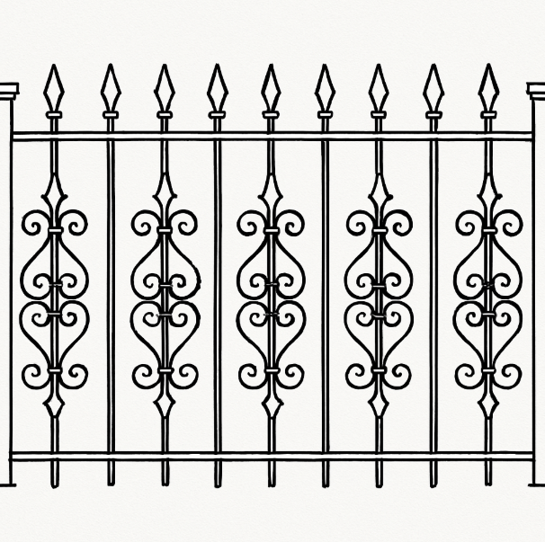 Decorative ornamental iron fence design for commercial property security in Southern Wisconsin.