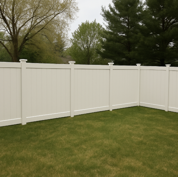 White vinyl privacy fence providing backyard privacy in Machesney Park, Illinois.