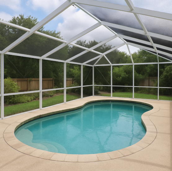 Residential swimming pool enclosed with a safety fence and screened structure in Rockford, Illinois.