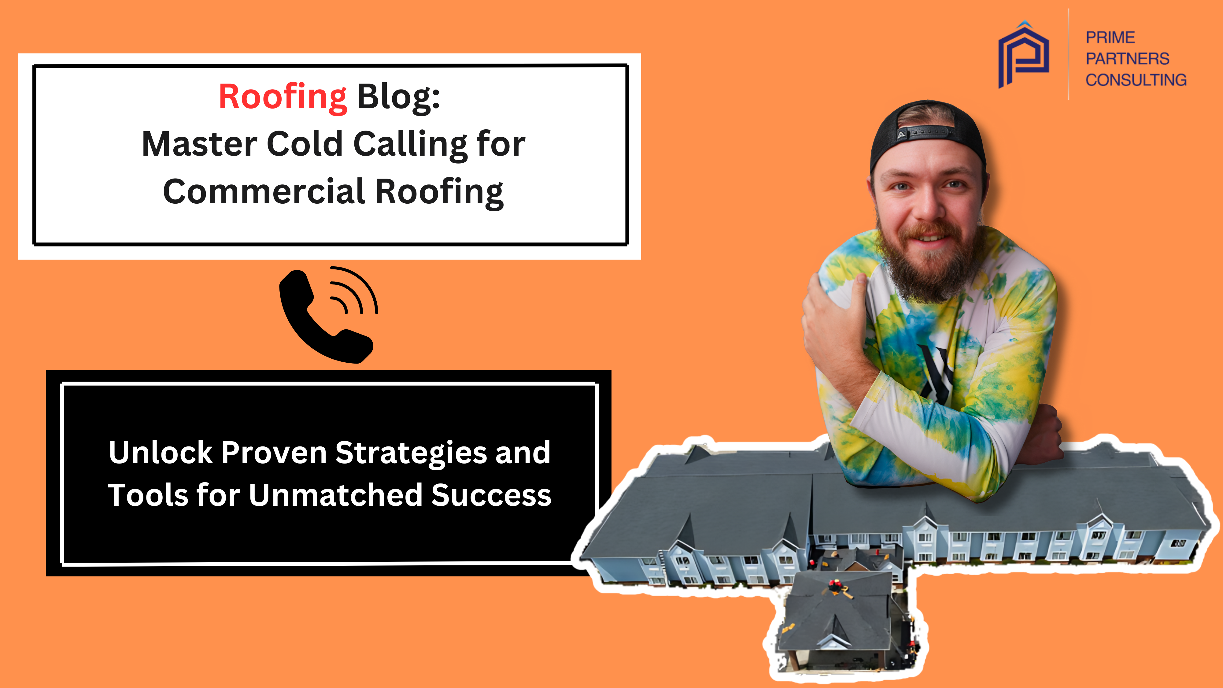 Thumbnail image for a blog post titled "Roofing Blog: Master Cold Calling for Commercial Roofing". The image has an orange background with a white and black bordered box containing the title text. Below the title is a black box with white text that reads "Unlock Proven Strategies and Tools for Unmatched Success". In the lower right corner, there is a smiling man wearing a colorful tie-dye shirt and a backward cap, and a small image of a roofing project showing workers on a roof. The Prime Partners Consulting logo is in the upper right corner. Thumbnail image for a blog post titled "Roofing Blog: Master Cold Calling for Commercial Roofing". The image has an orange background with a white and black bordered box containing the title text. Below the title is a black box with white text that reads "Unlock Proven Strategies and Tools for Unmatched Success". In the lower right corner, there is a smiling man wearing a colorful tie-dye shirt and a backward cap, and a small image of a roofing project showing workers on a roof. The Prime Partners Consulting logo is in the upper right corner.
