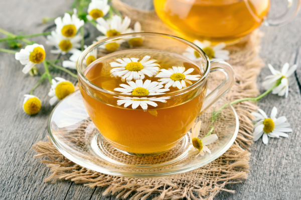 A cup of chamomile tea with chamomile flowers placed nearby A cup of chamomile tea with chamomile flowers placed nearby