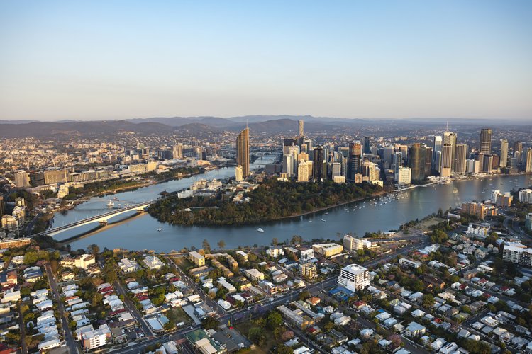 a panoramic aerial view of the buildings in Brisbane city