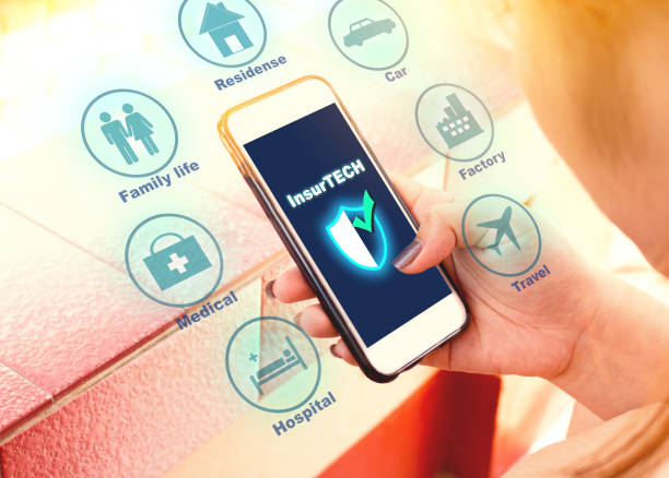 Technology illustration of insurance industry represented through icons, illustrating insurtech and digital advancements in insurance industry