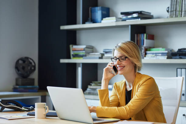  Part-time insurance agent job with happy person on phone at desk.