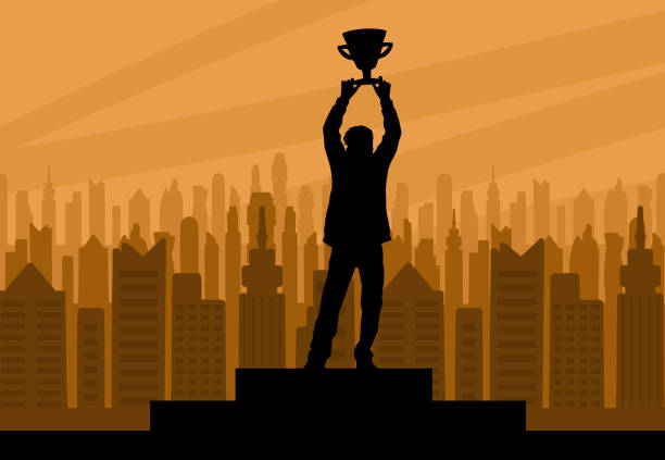 Successful insurance agent with trophy and city buildings background.