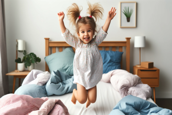 toddler girl jumping on bed and happy