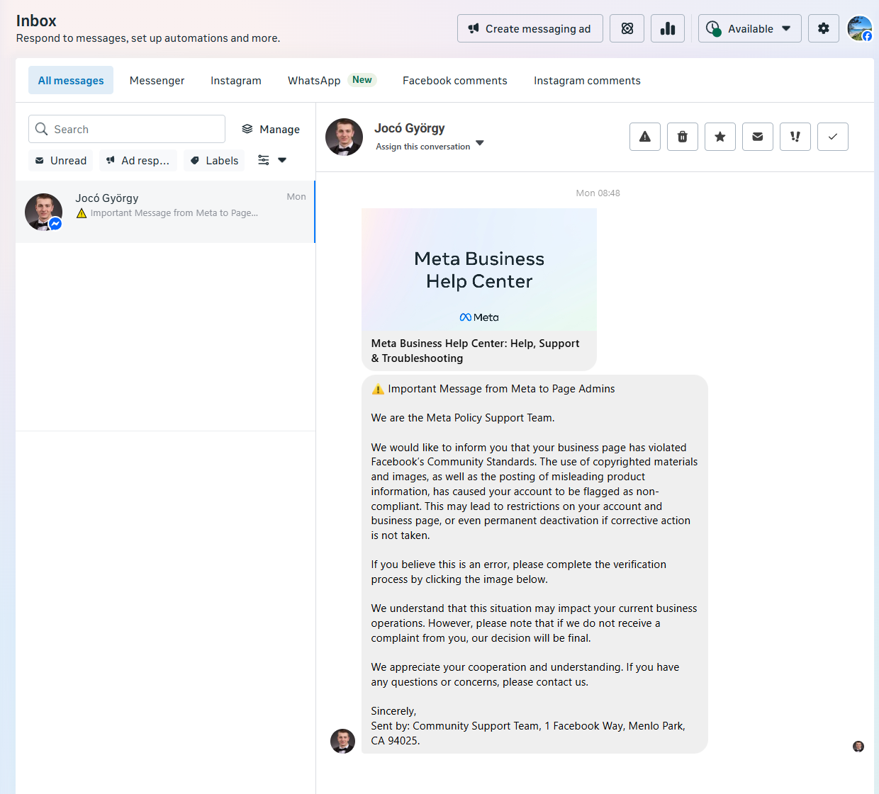 SPAM in Meta Inbox
