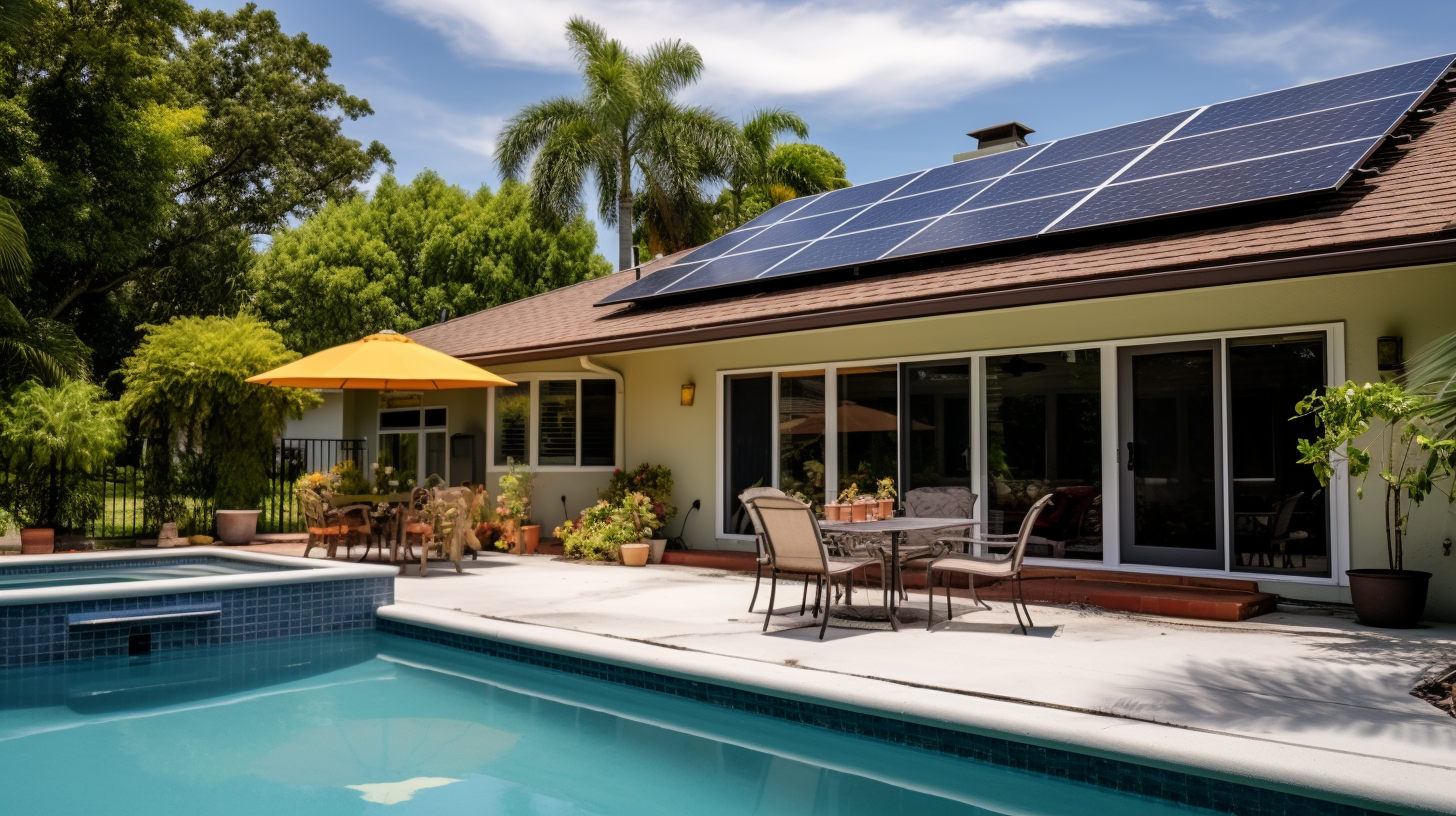 Sun Glistening On Solar Powered Pool And Roof. Sun Glistening On Solar Powered Pool And Roof.