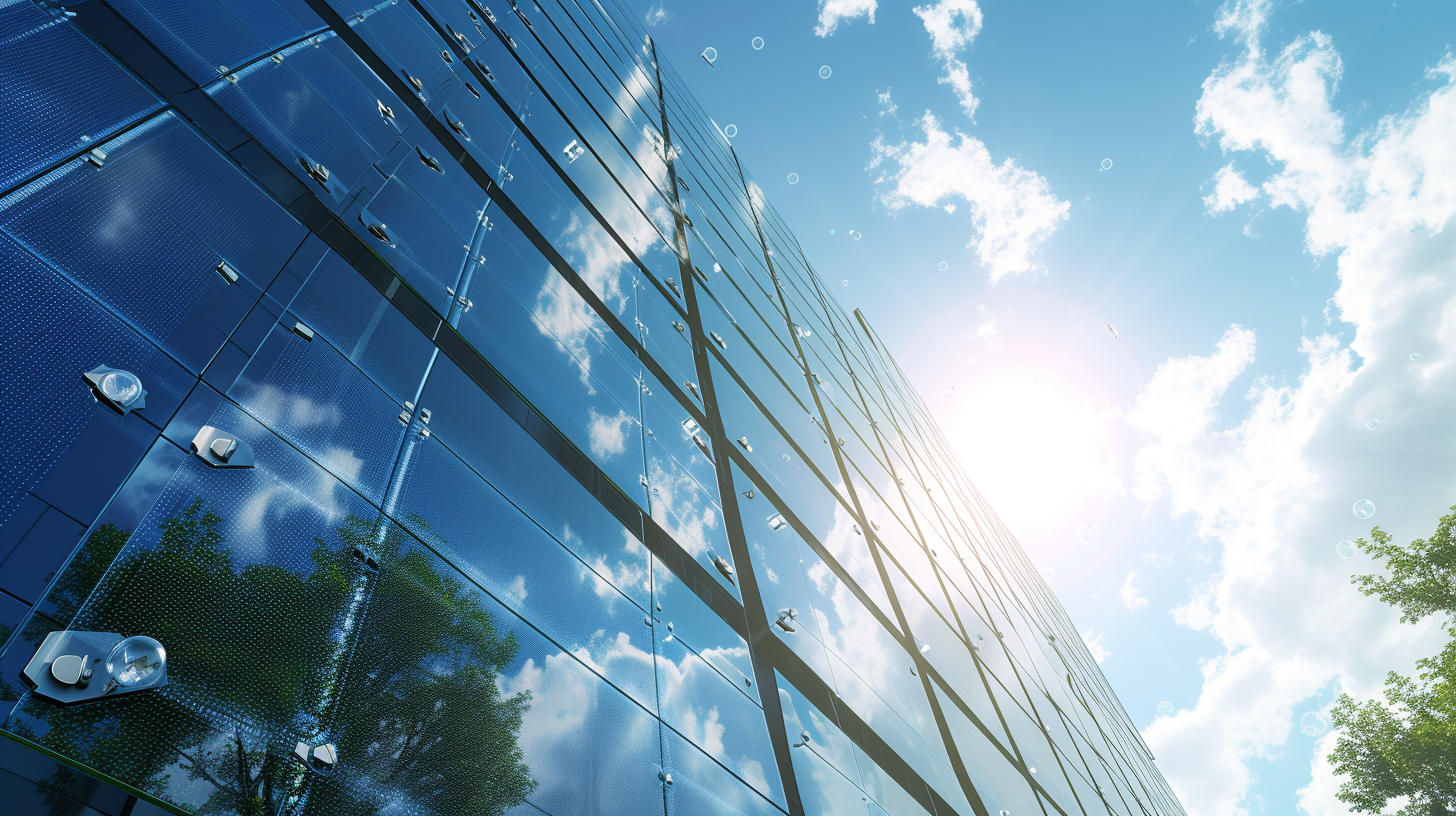 Close-up view of photovoltaic glass, capturing the sunlight as it strikes the surface and generates electricity Close-up view of photovoltaic glass, capturing the sunlight as it strikes the surface and generates electricity