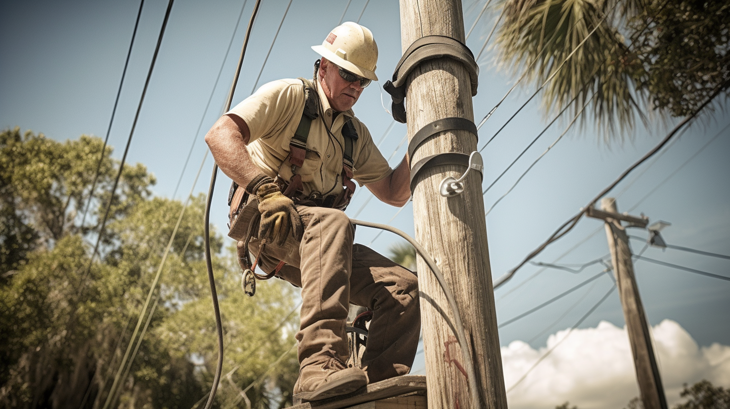 A Florida technician diligently repairing power lines to ensure uninterrupted and reliable electricity service for residents. A Florida technician diligently repairing power lines to ensure uninterrupted and reliable electricity service for residents.