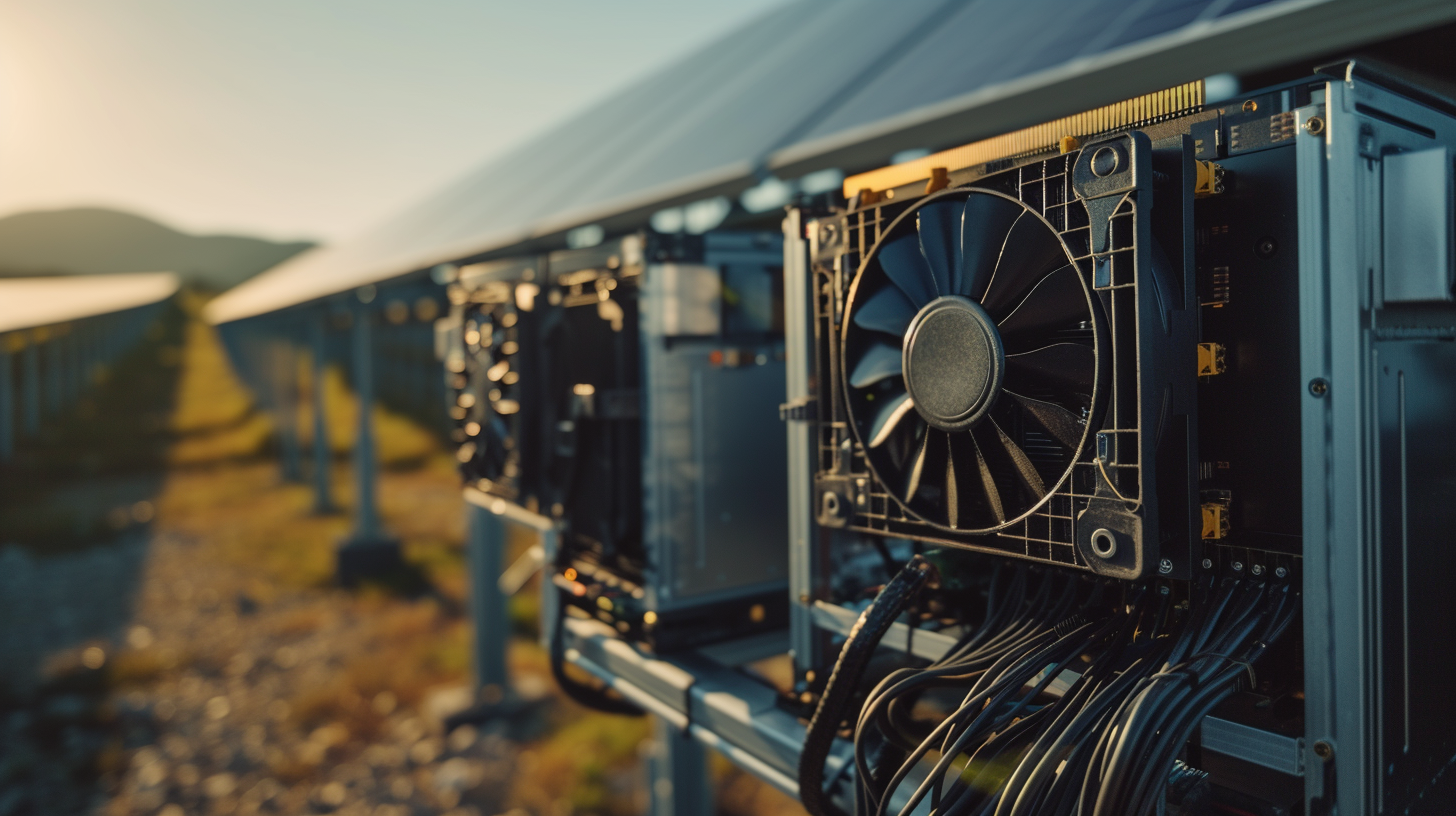 A group of miners surrounded by solar panels, highlighting the decentralization and sustainability of solar-powered cryptocurrency mining. A group of miners surrounded by solar panels, highlighting the decentralization and sustainability of solar-powered cryptocurrency mining.