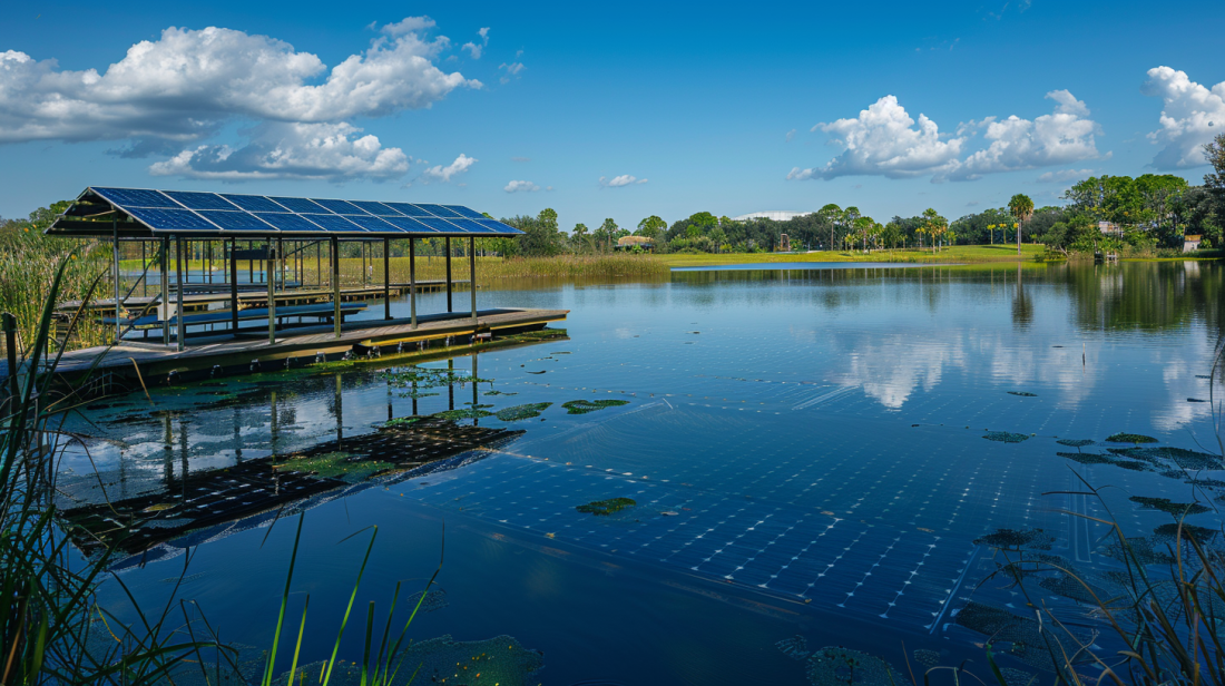 Lush green landscape surrounding a reservoir adorned with solar panels, illustrating the integration of renewable energy with nature conservation efforts Lush green landscape surrounding a reservoir adorned with solar panels, illustrating the integration of renewable energy with nature conservation efforts