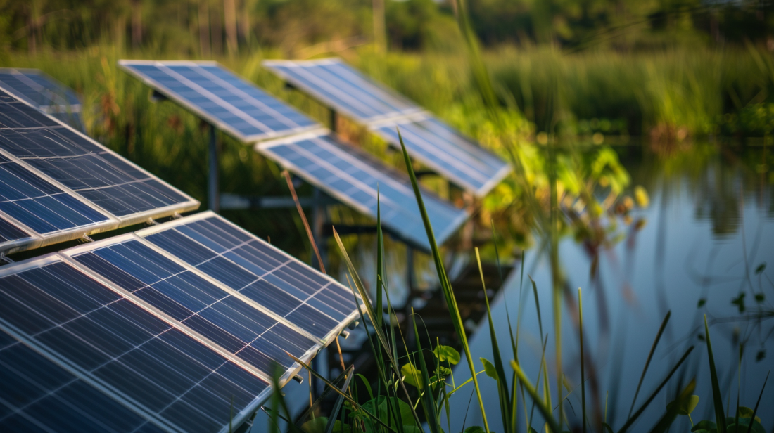 Close-up of photovoltaic Florida lake solar panels mounted on buoyant platforms, showcasing innovative floating solar technology for sustainable energy production. Close-up of photovoltaic Florida lake solar panels mounted on buoyant platforms, showcasing innovative floating solar technology for sustainable energy production.