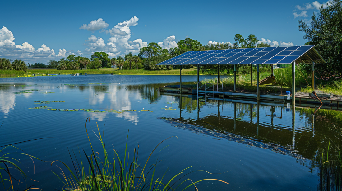 Florida lake solar panel green landscape surrounding a reservoir adorned with solar panels, illustrating the integration of renewable energy with nature conservation efforts. Florida lake solar panel green landscape surrounding a reservoir adorned with solar panels, illustrating the integration of renewable energy with nature conservation efforts.