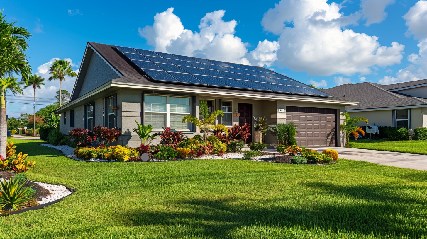 A south-facing Florida roof with high-efficiency Soligo solar panels angled for optimal energy production. A south-facing Florida roof with high-efficiency Soligo solar panels angled for optimal energy production.