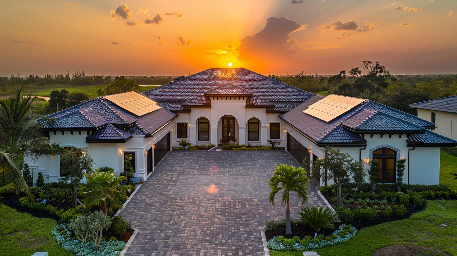 A top-down view of a residential Florida roof with Soligo solar panels strategically placed to maximize sunlight capture. A top-down view of a residential Florida roof with Soligo solar panels strategically placed to maximize sunlight capture.