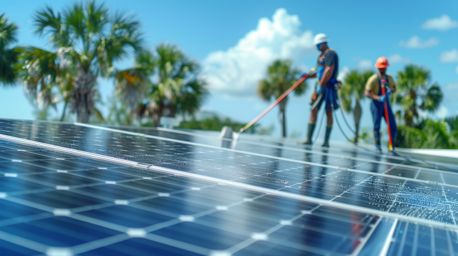 A Soligo Pro technician cleaning solar panels on a rooftop under the Florida sun. A Soligo Pro technician cleaning solar panels on a rooftop under the Florida sun.