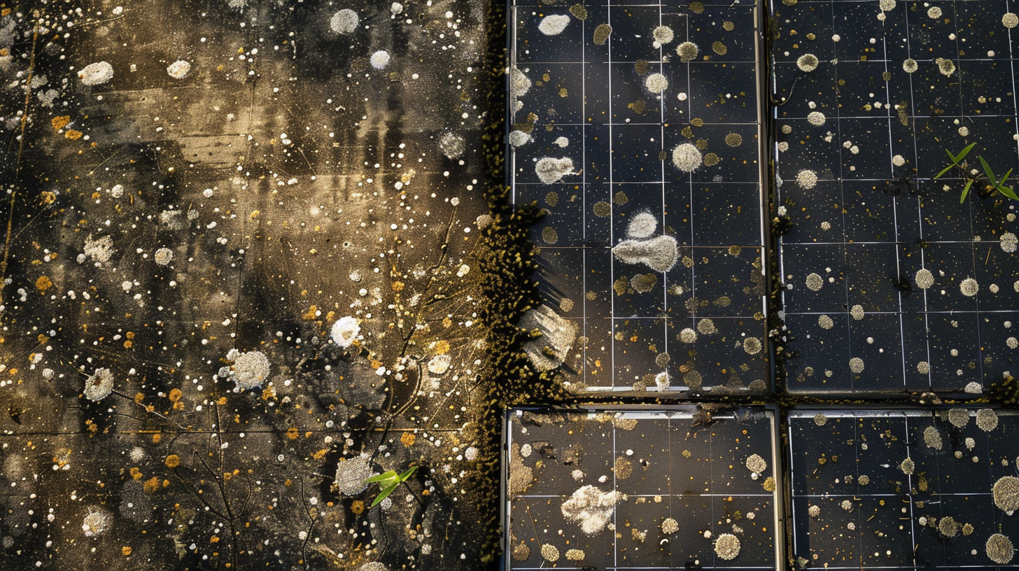 Close-up of dirty solar panels with streaks of grime and pollen. Close-up of dirty solar panels with streaks of grime and pollen.