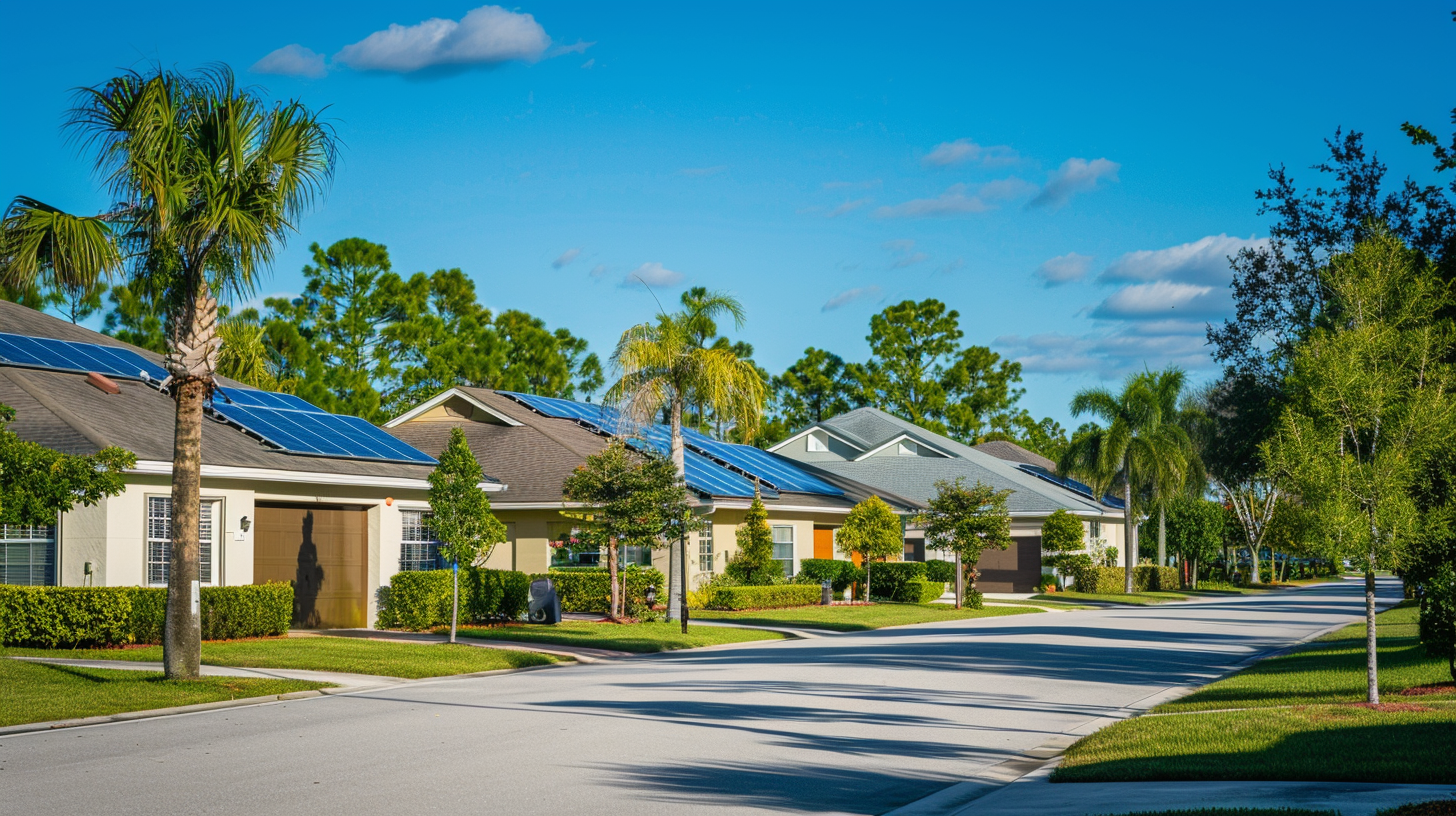 A scenic view of a Florida neighborhood with multiple homes featuring Soligo solar panels and solar attic fans installed on their rooftops.