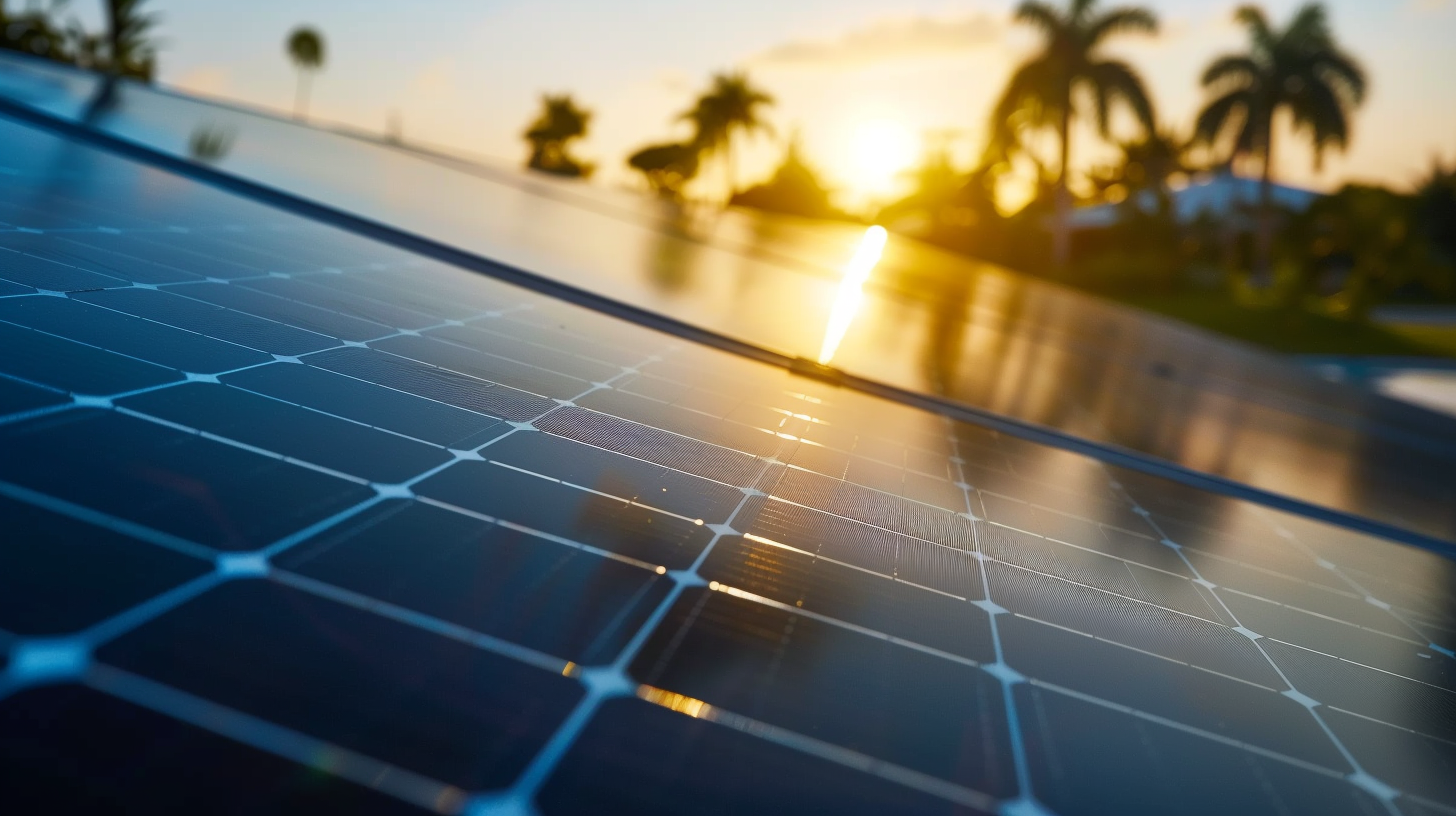 Detailed view of a Soligo solar panel converting sunlight into electricity with a clear Florida sky in the background. Detailed view of a Soligo solar panel converting sunlight into electricity with a clear Florida sky in the background.