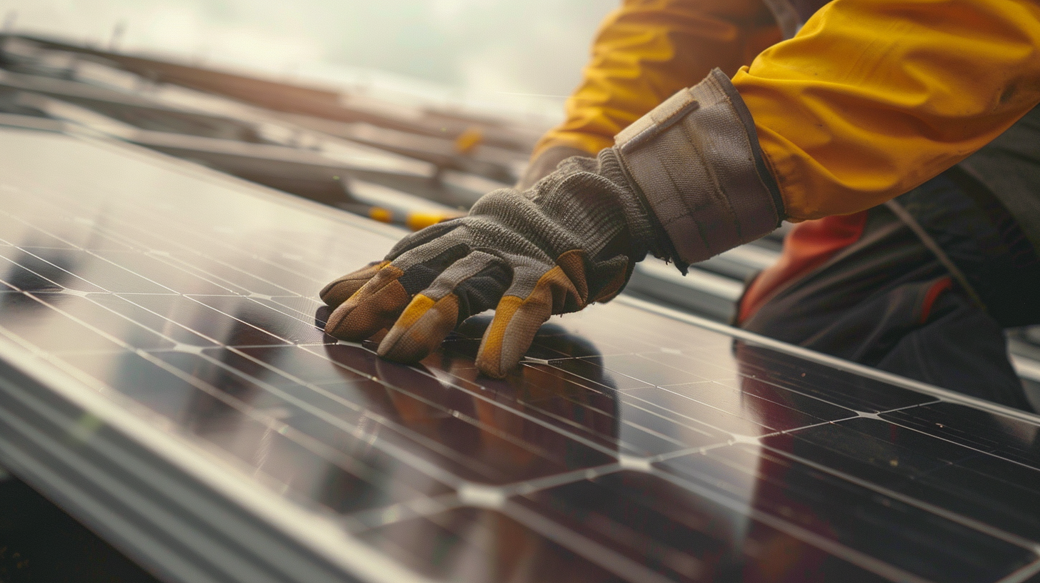 Close-up of a Soligo professional installing solar panels on a rooftop, emphasizing the Florida construction phase of the EPC process. Close-up of a Soligo professional installing solar panels on a rooftop, emphasizing the Florida construction phase of the EPC process.