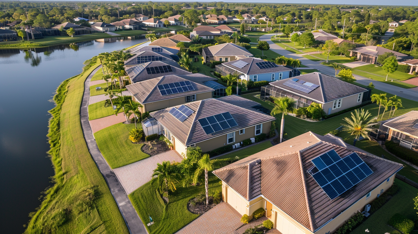 Aerial view of a Florida Soligo homes with newly installed solar panels, showcasing the result of the Soligo EPC contractor's work. Aerial view of a Florida Soligo homes with newly installed solar panels, showcasing the result of the Soligo EPC contractor's work.