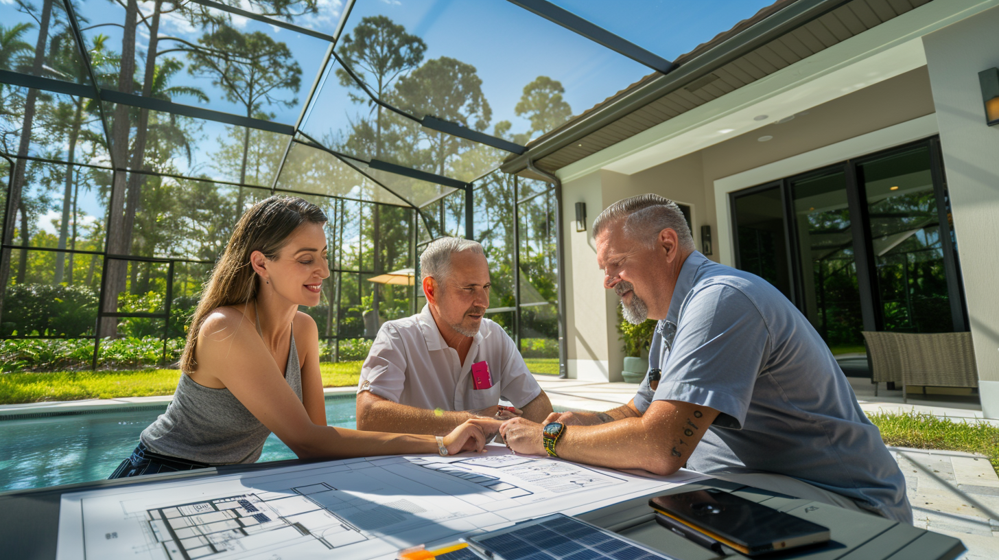 A Florida homeowner discussing solar panel placement with a Soligo Pro contractor, with blueprints and solar panel models on the table. A Florida homeowner discussing solar panel placement with a Soligo Pro contractor, with blueprints and solar panel models on the table.