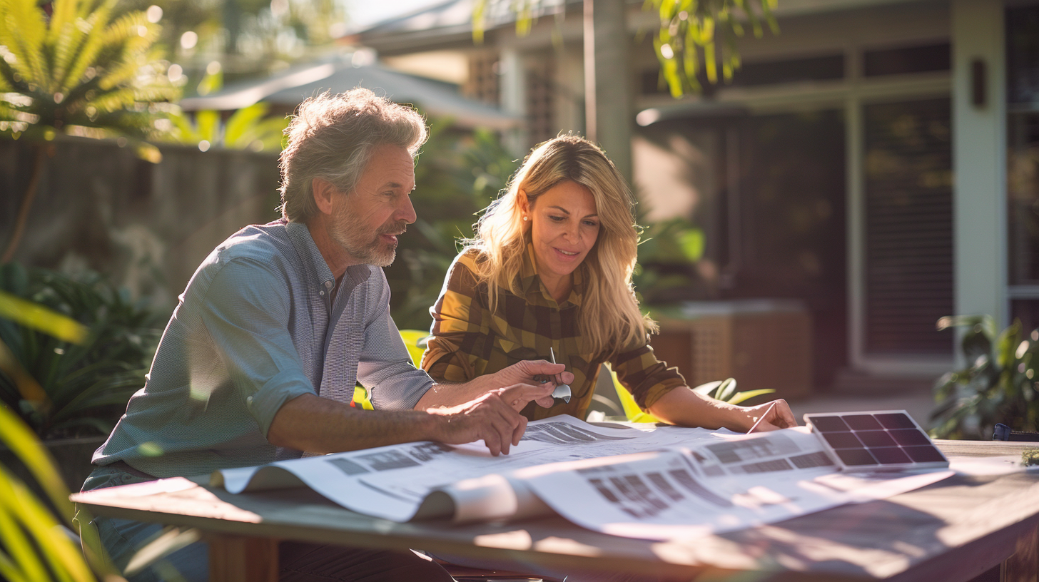 A Florida homeowner discussing solar panel placement with a Soligo Pro contractor, with blueprints and solar panel models on the table A Florida homeowner discussing solar panel placement with a Soligo Pro contractor, with blueprints and solar panel models on the table