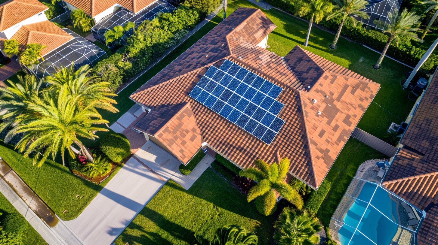Aerial shot of a Florida home with Soligo solar panels installed on the roof, framed by tropical palm trees and set against a clear, sunny sky. Aerial shot of a Florida home with Soligo solar panels installed on the roof, framed by tropical palm trees and set against a clear, sunny sky.