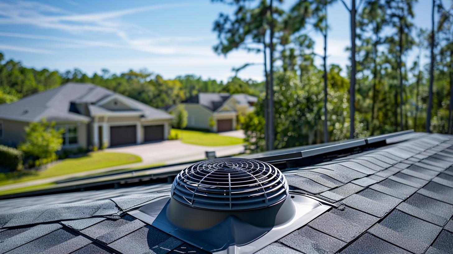 A Soligo solar attic fan working alongside a solar panel array on a modern home, enhancing overall energy efficiency.