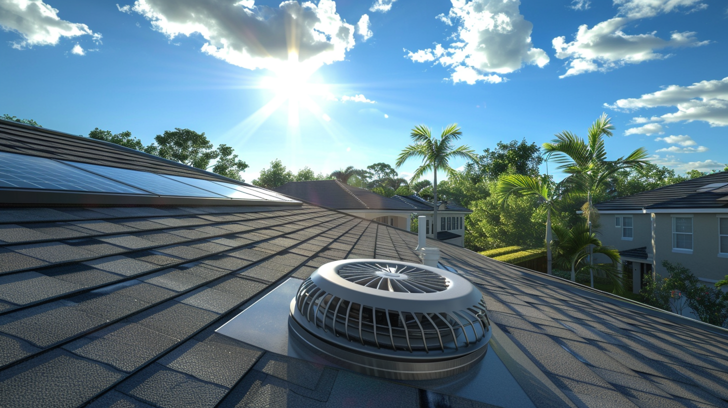 Close-up view of a Soligo solar attic fan on a shingle roof, efficiently reducing attic heat in a Florida residential home.