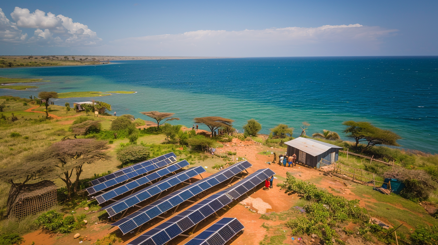 Aerial view of Kiunga, Kenya, showcasing the remote coastal landscape and GivePower Solar Desalination farms. Aerial view of Kiunga, Kenya, showcasing the remote coastal landscape and GivePower Solar Desalination farms.