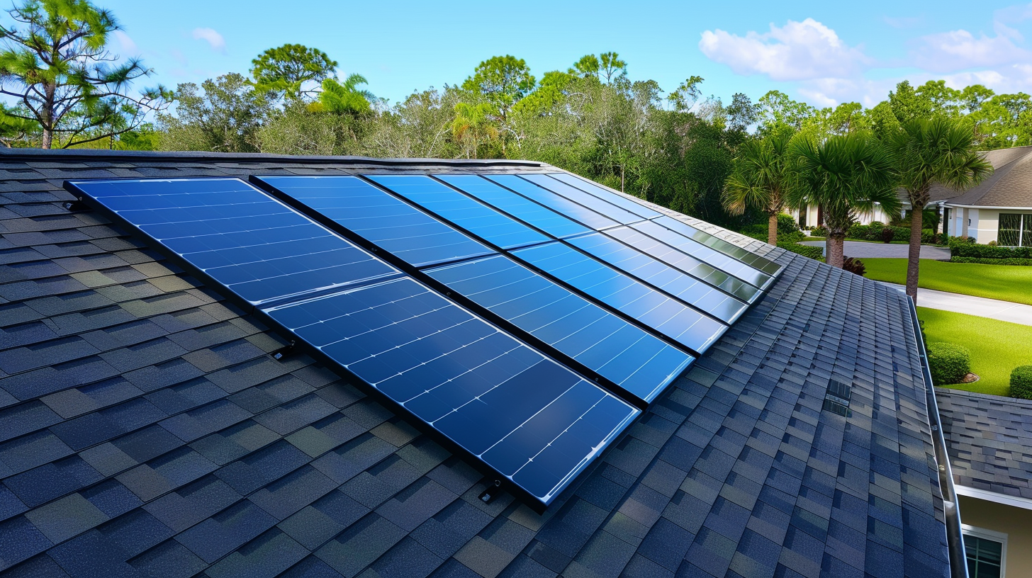 Close-up of light-weight solar panels installed on a Florida home's roof under bright sunlight.