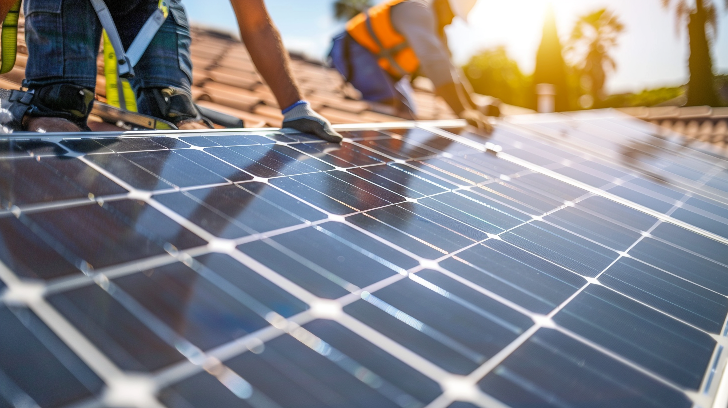 A close-up view of a high-efficiency Soligo solar panel being installed on a Florida home's roof. The installer, wearing safety gear, is carefully positioning the panel. Sunlight glints off the panel's surface, emphasizing its cutting-edge technology. The roof tiles beneath are visible, showing the contrast between traditional and modern energy solutions. In the background, other workers can be seen preparing additional panels. The scene captures the precision and skill involved in solar installations, while the clear sky above promises abundant energy production. A ladder leans against the house, symbolizing the upward progress towards sustainable living. 