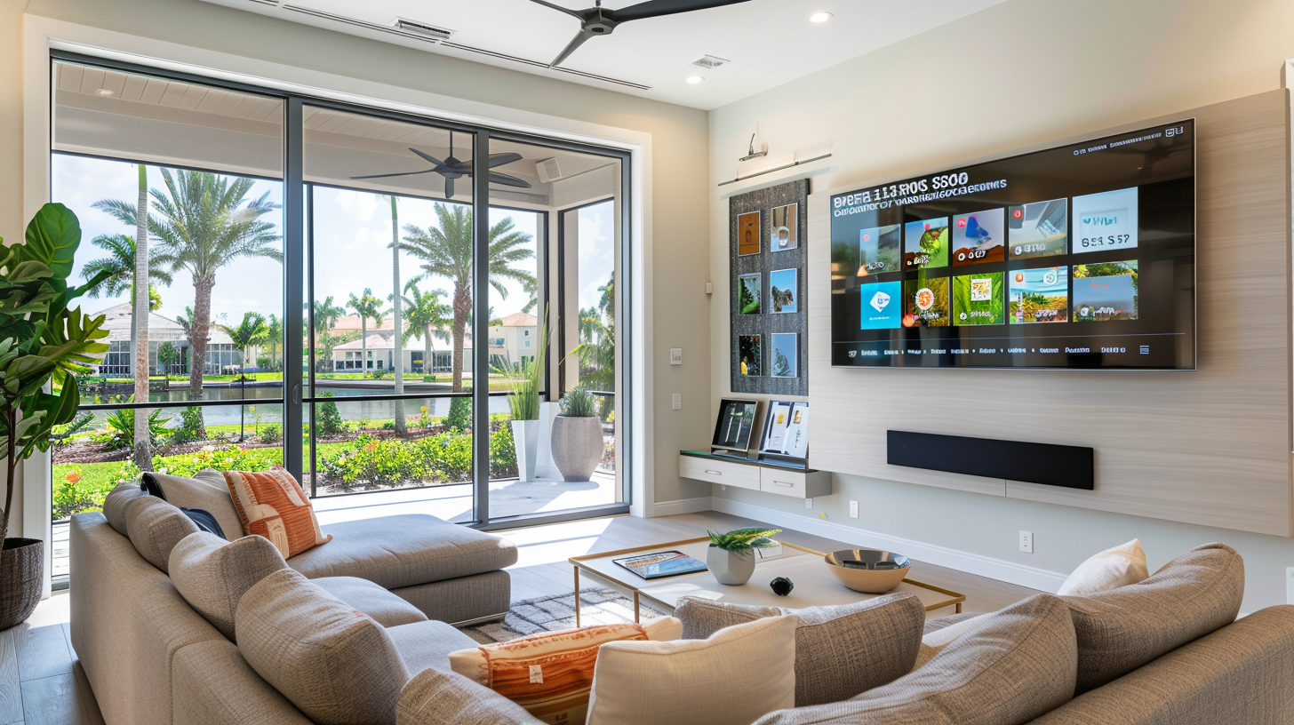 An interior shot of a Florida home's living room, showcasing the integration of solar power with smart home technology. A large, modern display on the wall shows real-time Soligo energy production and consumption data. The room is bathed in natural light from large windows, emphasizing the connection to the sun outside. Sleek, energy-efficient appliances are visible, all powered by the rooftop solar system. A family member is seen interacting with a tablet, adjusting home settings for optimal energy use. The decor is minimalist and eco-friendly, with plants adding a touch of green. Outside the window, a glimpse of the solar panels on the roof is visible.