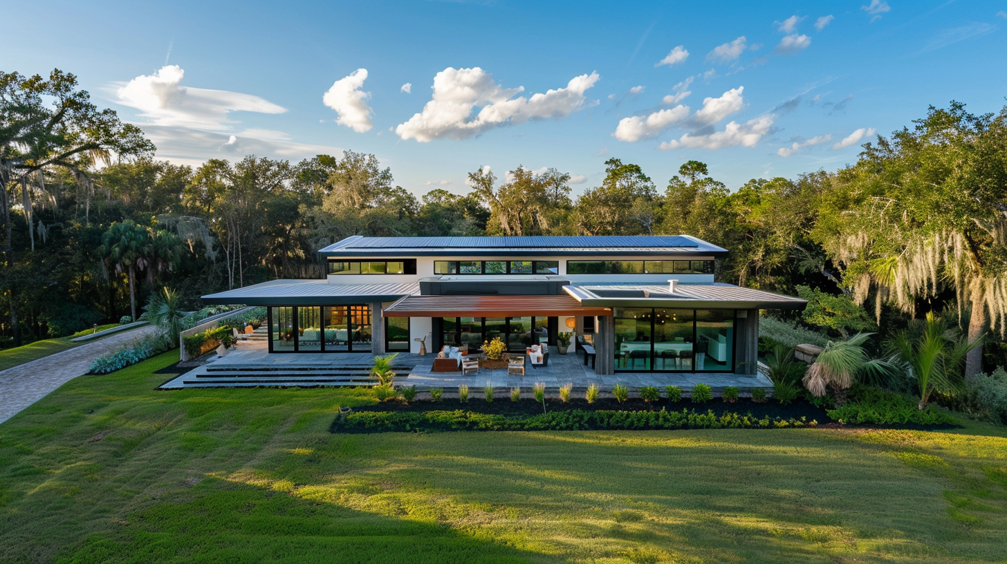 A modern, energy-efficient home nestled in a lush Florida landscape. The house features sleek solar panels on the roof, large energy-efficient windows, and a smart home system visible through the front window. The yard showcases drought-resistant plants and a rainwater harvesting system. The sky is a vibrant blue, symbolizing clean energy. A family is visible on the porch, enjoying their eco-friendly lifestyle.