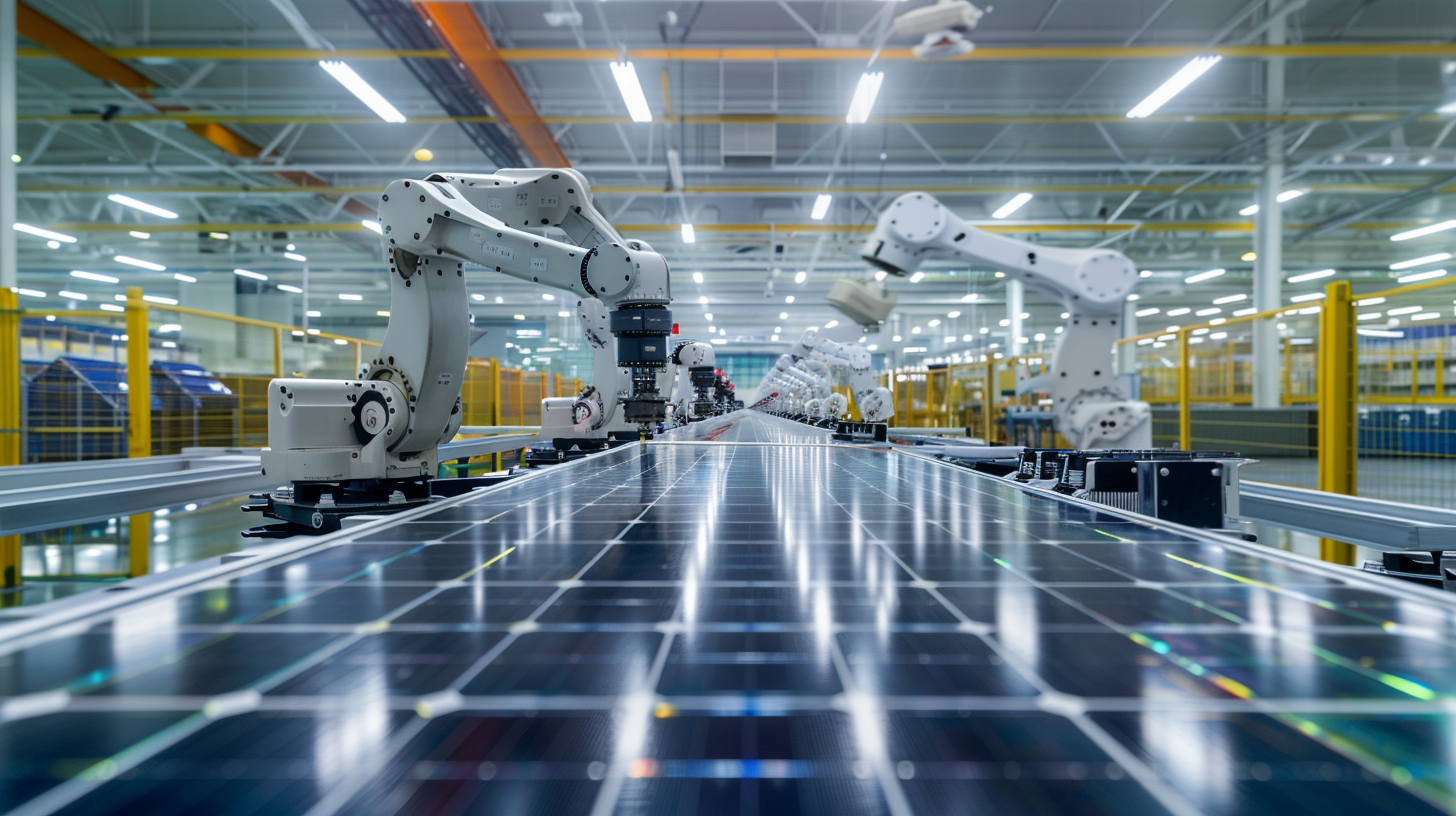 An ultra-modern solar panel manufacturing facility in Florida, bustling with activity. Robotic arms and high-tech machinery assemble state-of-the-art solar panels on a sleek production line. Workers in clean room suits monitor the process, showcasing the fusion of technology and human expertise. The facility is brightly lit, emphasizing its cutting-edge nature. Through large windows, lush Florida greenery is visible, contrasting with the industrial interior. An ultra-modern solar panel manufacturing facility in Florida, bustling with activity. Robotic arms and high-tech machinery assemble state-of-the-art solar panels on a sleek production line. Workers in clean room suits monitor the process, showcasing the fusion of technology and human expertise. The facility is brightly lit, emphasizing its cutting-edge nature. Through large windows, lush Florida greenery is visible, contrasting with the industrial interior.