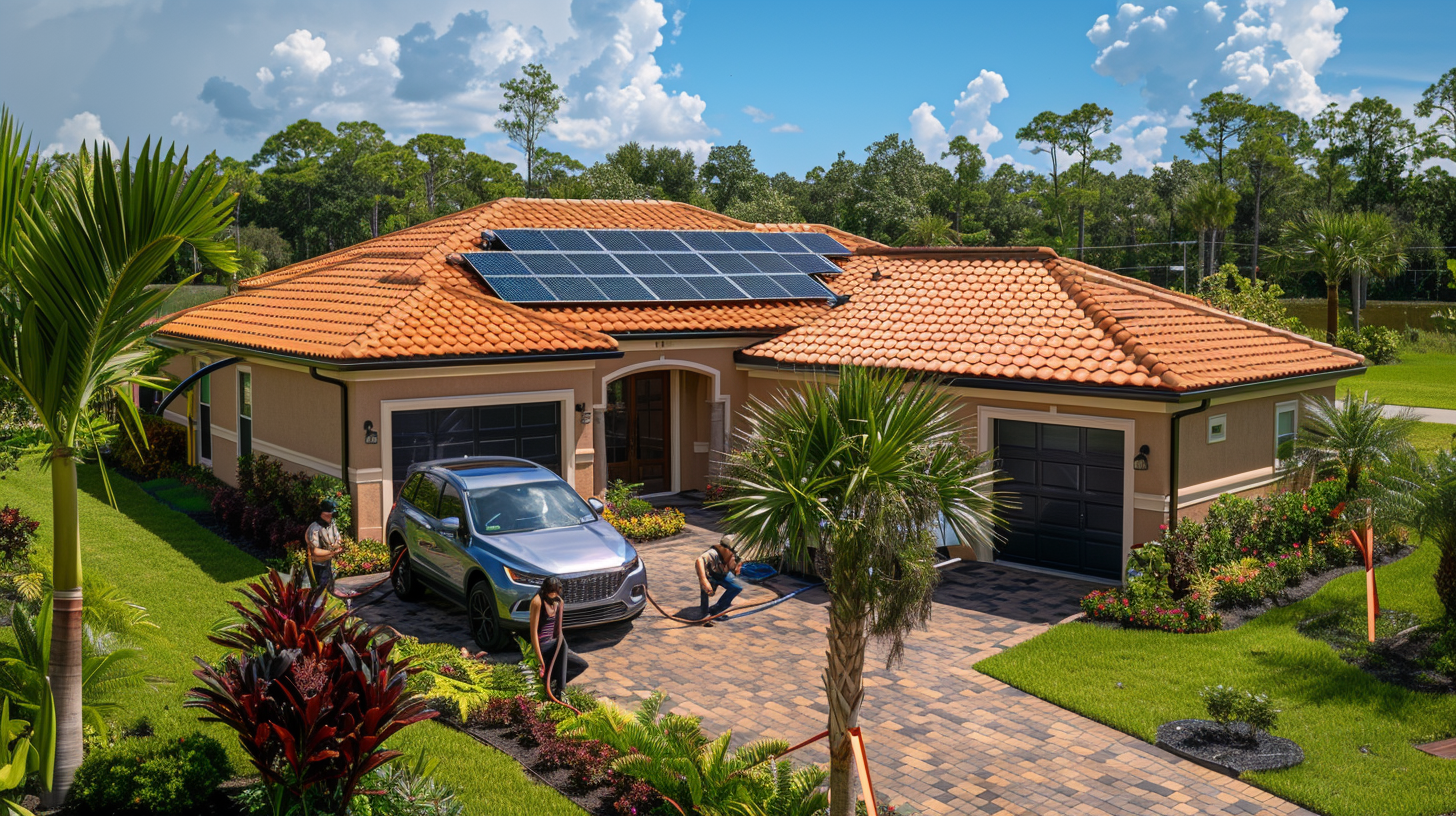 A Florida home undergoing a solar upgrade, with installers carefully placing next-generation solar tiles on the roof. The tiles are sleek and indistinguishable from regular roofing materials, showcasing the aesthetic evolution of solar technology. In the driveway, an electric vehicle charges from a solar-powered station. The homeowner consults with an energy expert, examining a holographic display showing real-time energy production and consumption data. A Florida home undergoing a solar upgrade, with installers carefully placing next-generation solar tiles on the roof. The tiles are sleek and indistinguishable from regular roofing materials, showcasing the aesthetic evolution of solar technology. In the driveway, an electric vehicle charges from a solar-powered station. The homeowner consults with an energy expert, examining a holographic display showing real-time energy production and consumption data.