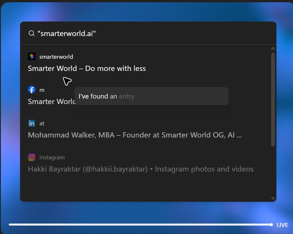 Search result for 'smarterworld.ai' showing Smarter World – Do more with less as the top result, alongside social media listings.