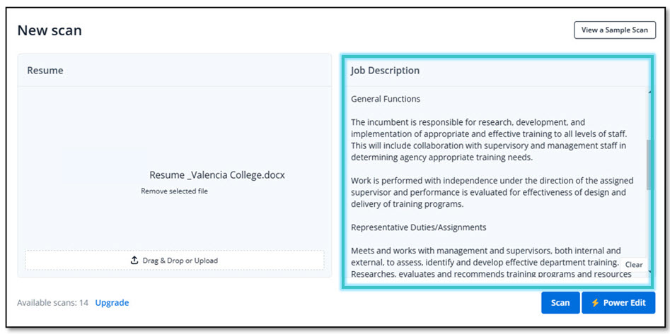 Job Scan Job Description box highlighted Job Scan Job Description box highlighted