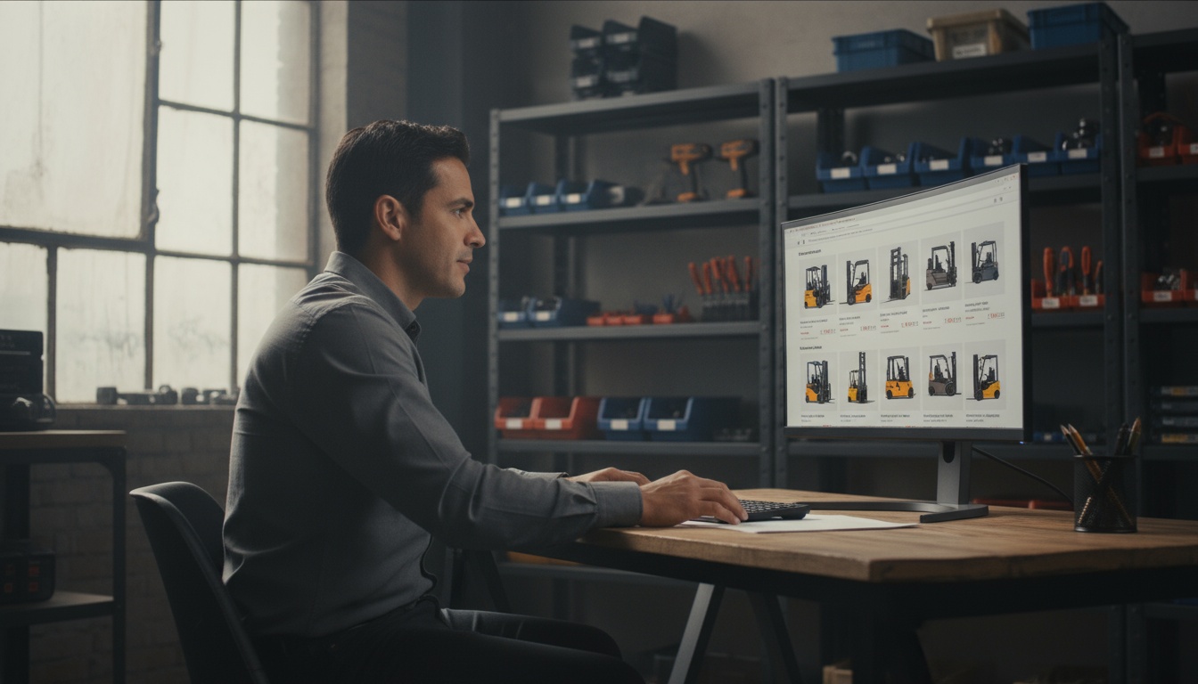 Empresario mexicano buscando montacargas en venta en Estados Unidos desde su computadora en México.