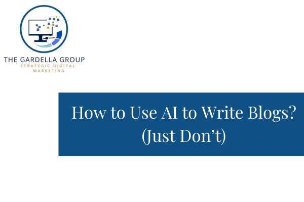 AI Robot writing a blog post.  With the words "How to use AI to write blog posts...Just don't"