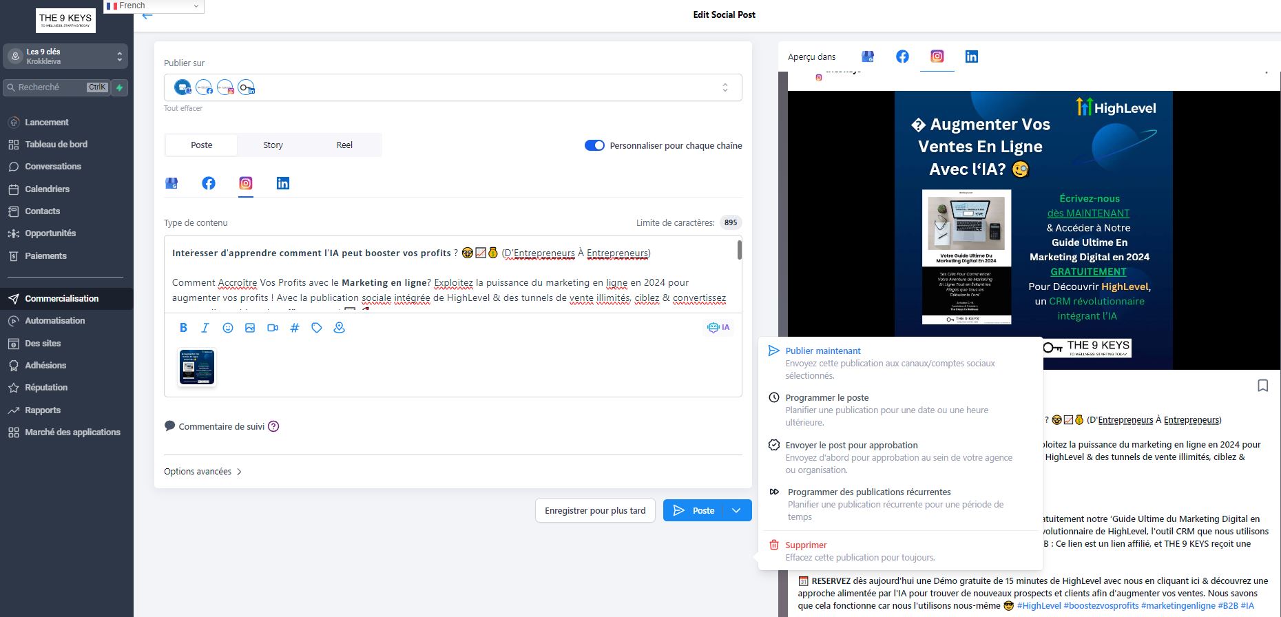 Exemple du planificateur social reposant au cœur de notre formule START-UP, et qui nous permet de créer avec l'aide de l'IA et programmer des posts des jours, des semaines ou même des mois à l'avance sur toutes les principales plateformes sociales où vos prochains clients pourraient se trouver I the9keys.fr Exemple du planificateur social reposant au cœur de notre formule START-UP, et qui nous permet de créer avec l'aide de l'IA et programmer des posts des jours, des semaines ou même des mois à l'avance sur toutes les principales plateformes sociales où vos prochains clients pourraient se trouver I the9keys.fr