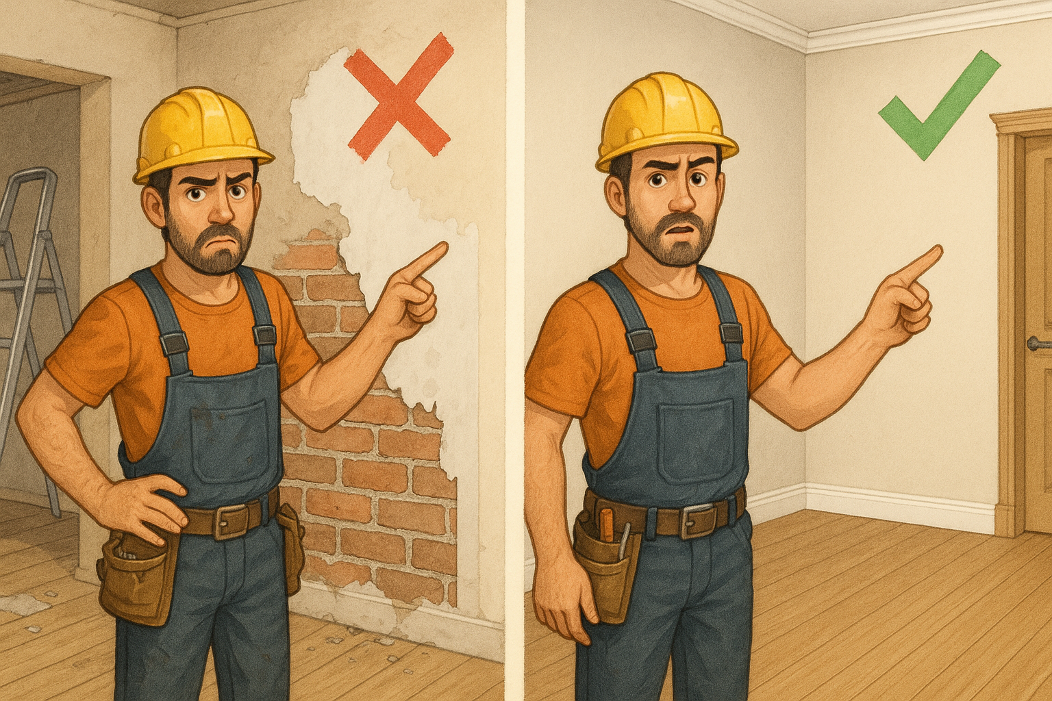 Artisan montrant une erreur de chantier et sa correction dans une rénovation intérieure, illustrant la différence entre un travail bâclé et un travail pro Artisan montrant une erreur de chantier et sa correction dans une rénovation intérieure, illustrant la différence entre un travail bâclé et un travail pro